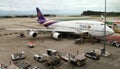 PHUKET, THAILAND â FEBRUARY 05, 2020: Boeing 747 â 400 passenger aircraft of Thai Airways is prepared for the take off at Ph